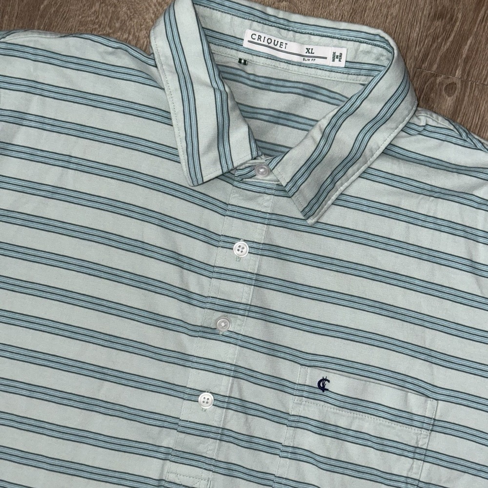 Criquet Classic Cotton Players Polo Mens XL Slim Fit Green Striped Stretch